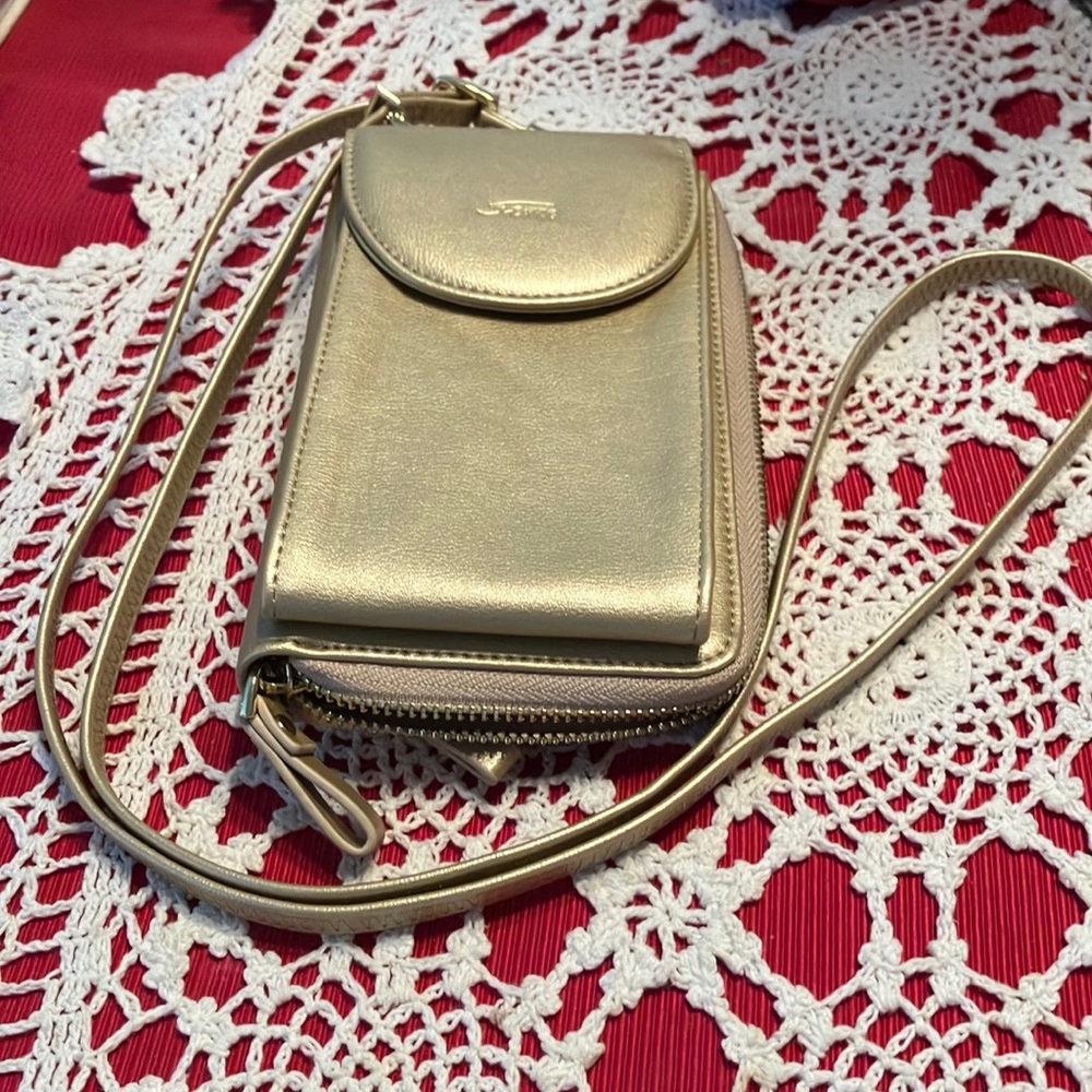 S Zone gold wallet with cell phone area and zipper side pouch